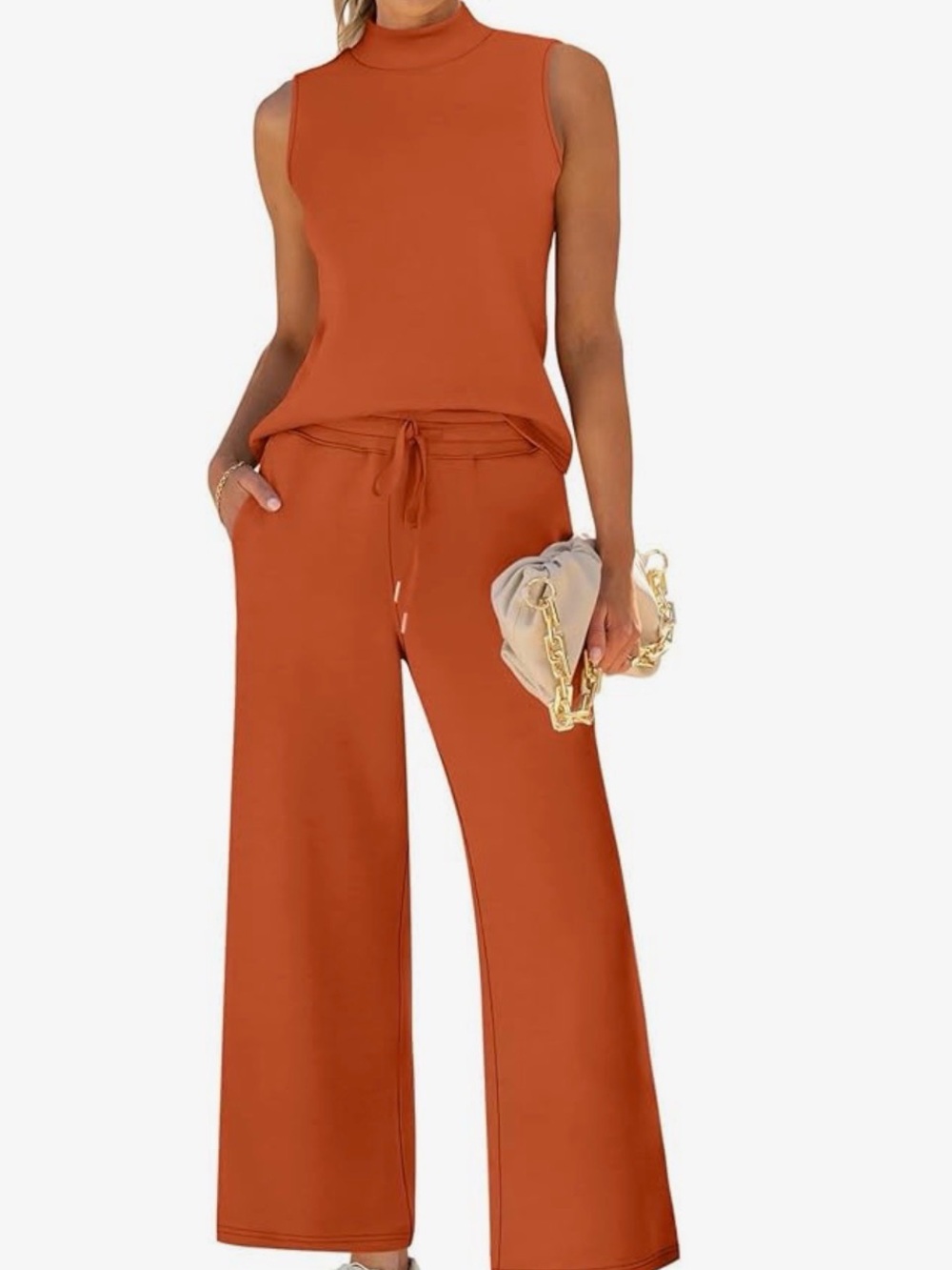 Burnt Orange Sleeveless Turtleneck Top and Matching Pants Set - Picture 2 of 2